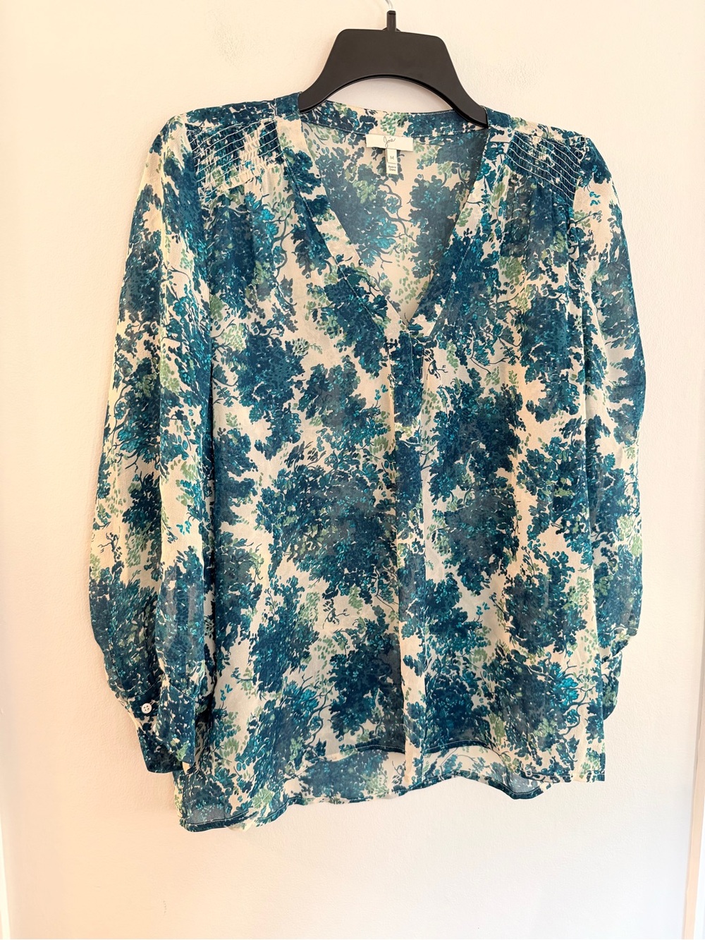 Joie 100% Silk Floral Blouse Size M Blue Green Long Sleeve